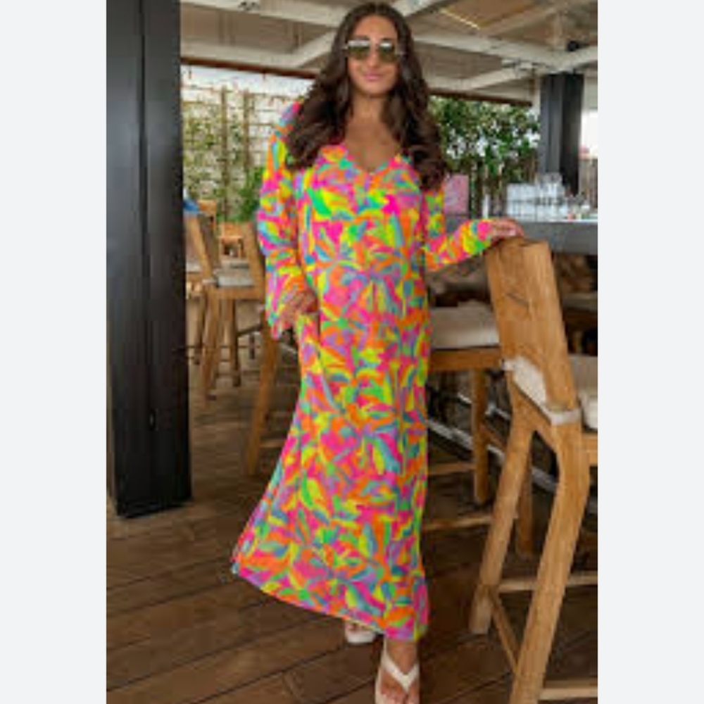 NWT SHOW ME YOUR MUMU SANTOS COVER UP VIBRANT SHEER MAXI DRESS IN NEON TROPICS